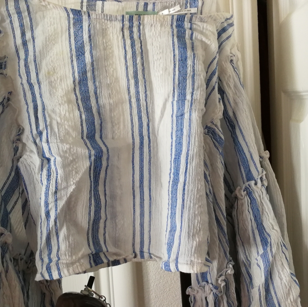 White blue striped bell sleeve crop top